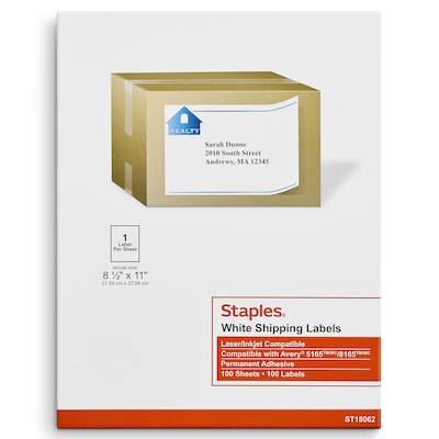 Staples® Laser/Inkjet Shipping Labels, 8 1/2 x 11, White, 1 Label/Sheet, 100 Sheets/Box (ST18062-C