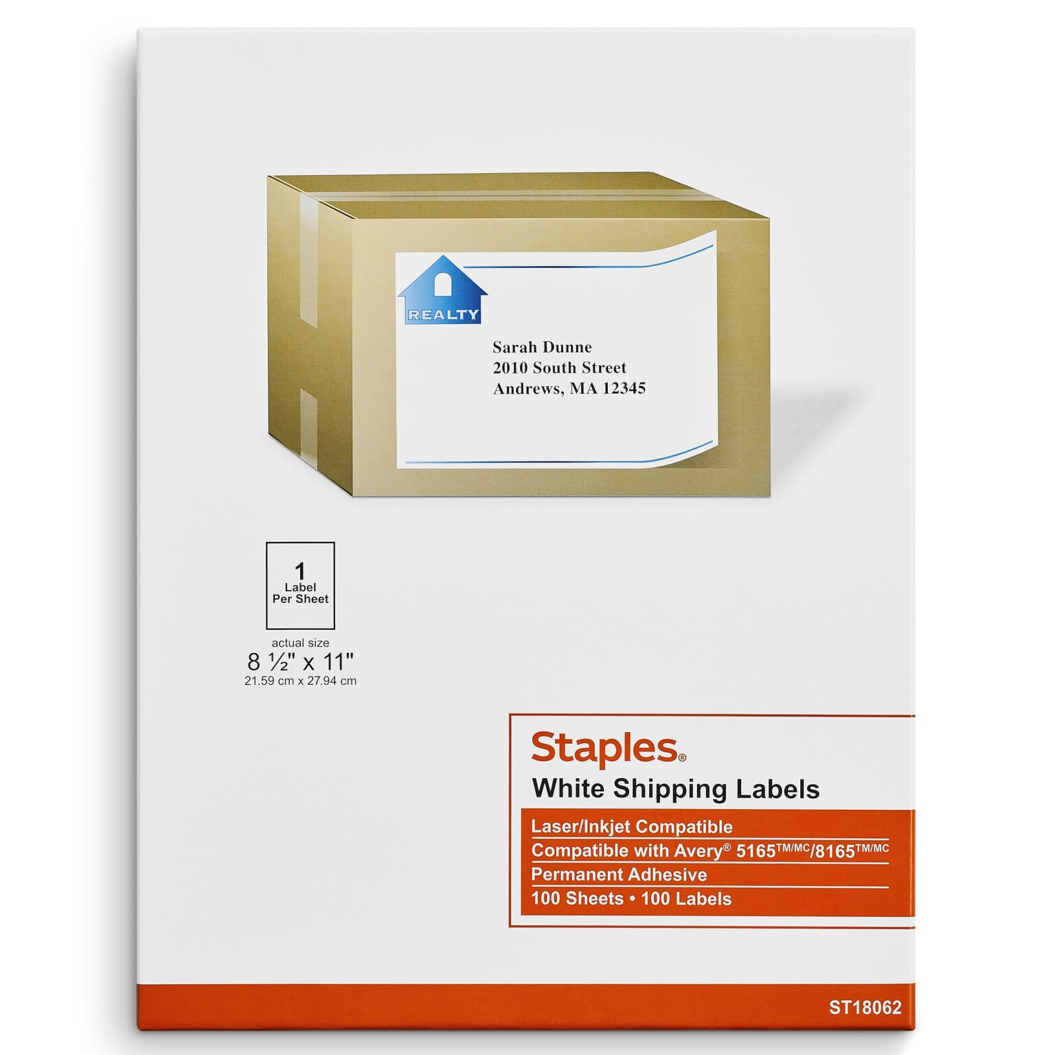 Staples® Laser/Inkjet Shipping Labels, 8 1/2 x 11, White, 1 Label/Sheet, 100 Sheets/Box (ST18062-CC)