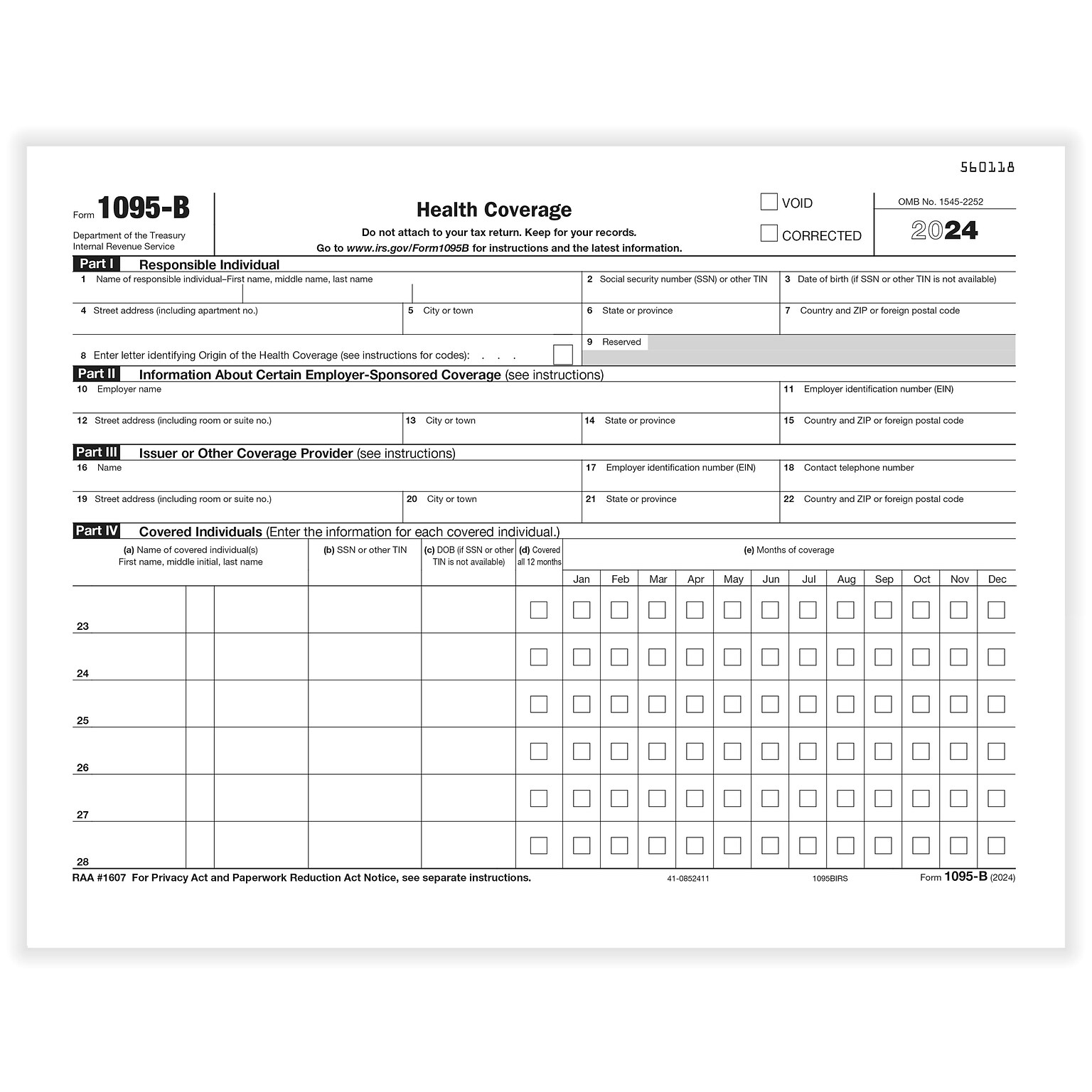 ComplyRight 2024 1095-B Tax Form, 1-Part, White/Black, 500/Pack (1095BIRS500)