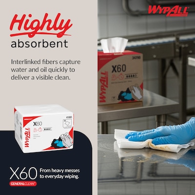 WypAll GeneralClean X60 Cleaning Cloths, 12.5" x 10", White, 70 Sheets/Pack, 8/Carton (41083)