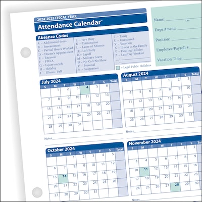 ComplyRight 2024-2025 Fiscal Attendance Calendar, 50/Pack (A42005015)