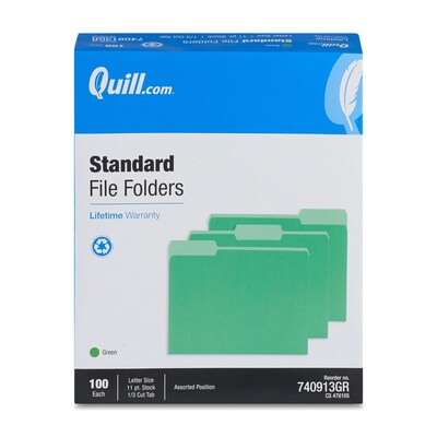 Quill Brand® File Folders, Assorted Tabs, 1/3-Cut, Letter Size, Green, 100/Box (740913BGR)