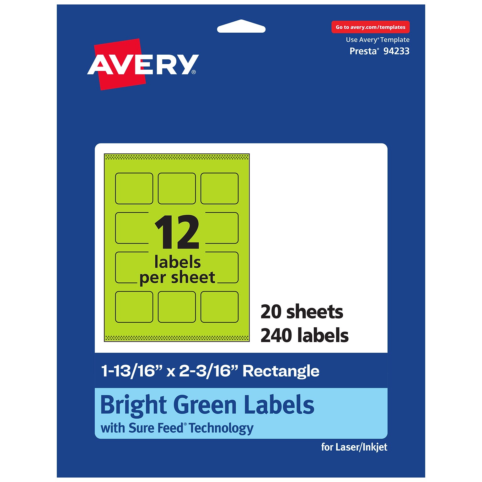 Avery Rectangle Multipurpose Labels, 1-13/16 x 2-3/16, Bright Green, 240/Pack (94233)