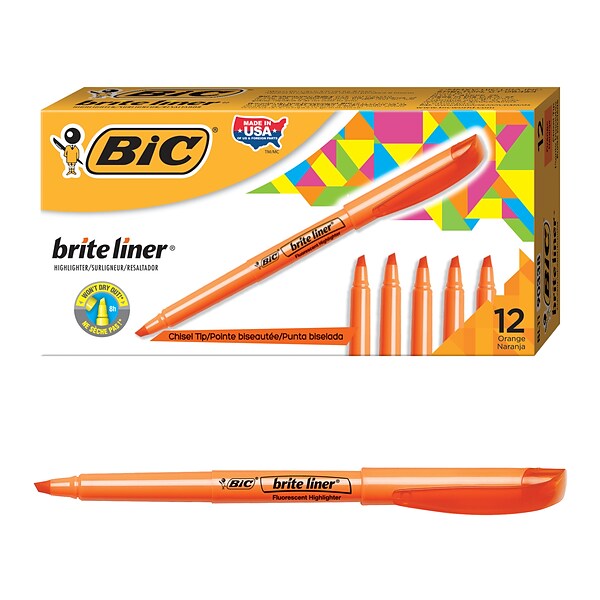 BIC Brite Liner Stick Highlighter, Chisel Tip, Orange, Dozen (90338/BL11OR)