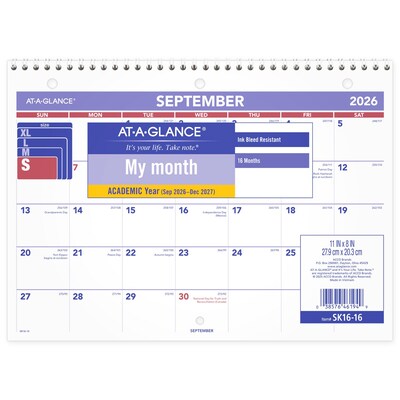 2026-2027 AT-A-GLANCE 11 x 8 Academic Monthly Desk or Wall Calendar, Purple/Red (SK16-16-27)