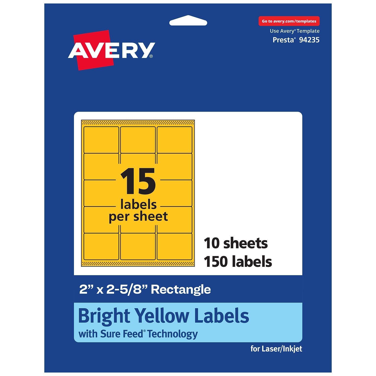 Avery Laser/Inkjet Rectangle Multipurpose Labels, 2 x 2-5/8, Bright Yellow, 150/Pack (94235)