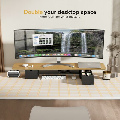 Mount-It! Extra Wide Monitor Riser with Drawers and Shelf, Holds up to 66 lbs., Bamboo, (MI-7369)