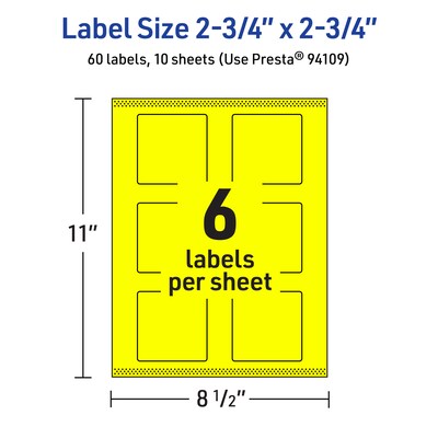 Avery Square Laser/Inkjet Multipurpose Labels, 2.75" x 2.75", Neon Yellow (60/Pack)