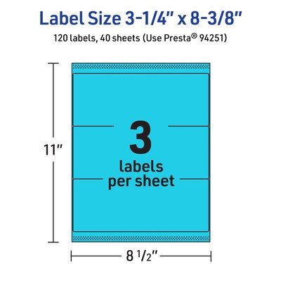 Avery Printable Rectangle Multipurpose Labels, 3-1/4" x 8-3/8", Bright Blue, 120/Pack (94251)