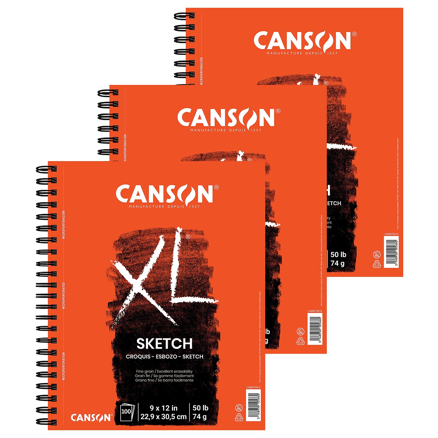Canson XL Series 9 x 12 Wire Bound Sketch Pad, 100 Sheets/Pad, 3/Bundle (MCXC40006186003-3)