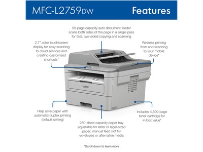 Brother MFC-L2759DW Wireless Black & White All-in-One Laser Printer (012502668879)