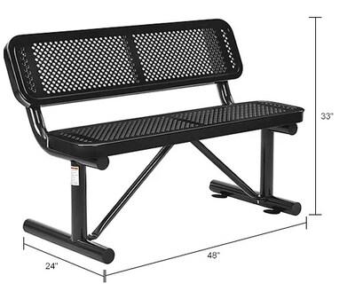 Global Industrial 4' Outdoor Steel Bench w/ Backrest, Perforated Metal, Black (695744BK)