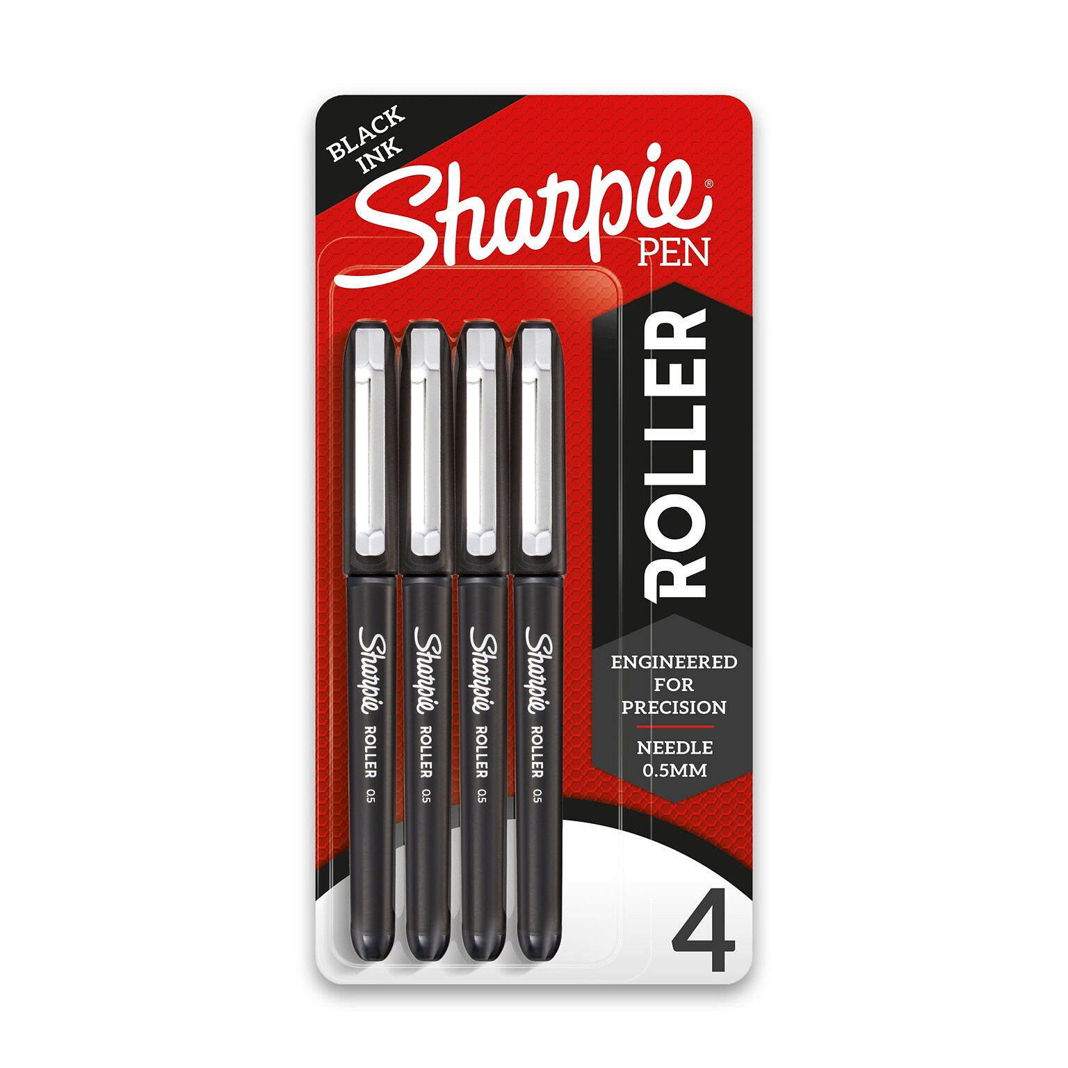 Sharpie Rollerball Pens, 0.5 mm, Needle Point, Black Ink, 4/Pack (2093222)