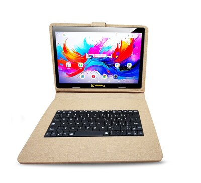 Linsay F10 Series 10.1" Tablet, Wi-Fi, Octa Core, 256GB eMMC, Android 15, with Brown Cloth Keyboard Case, Backpack, & Stylus Pen