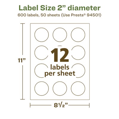 Avery EcoFriendly Laser/Inkjet Circle Multipurpose Labels, 2" Dia., White, 600/Box (94501)