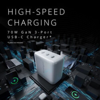 Kensington 70W 3-Port USB-C GaN Charger for Laptops & Mobile Devices, White (K38101NA)