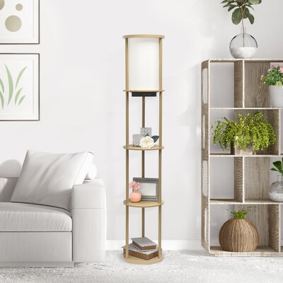 Simple Designs Etagere Organizer Storage 62.5" Floor Lamp with 2 USB Charging Ports and 1 Charging Outlet, Tan (LF2010-TAN)
