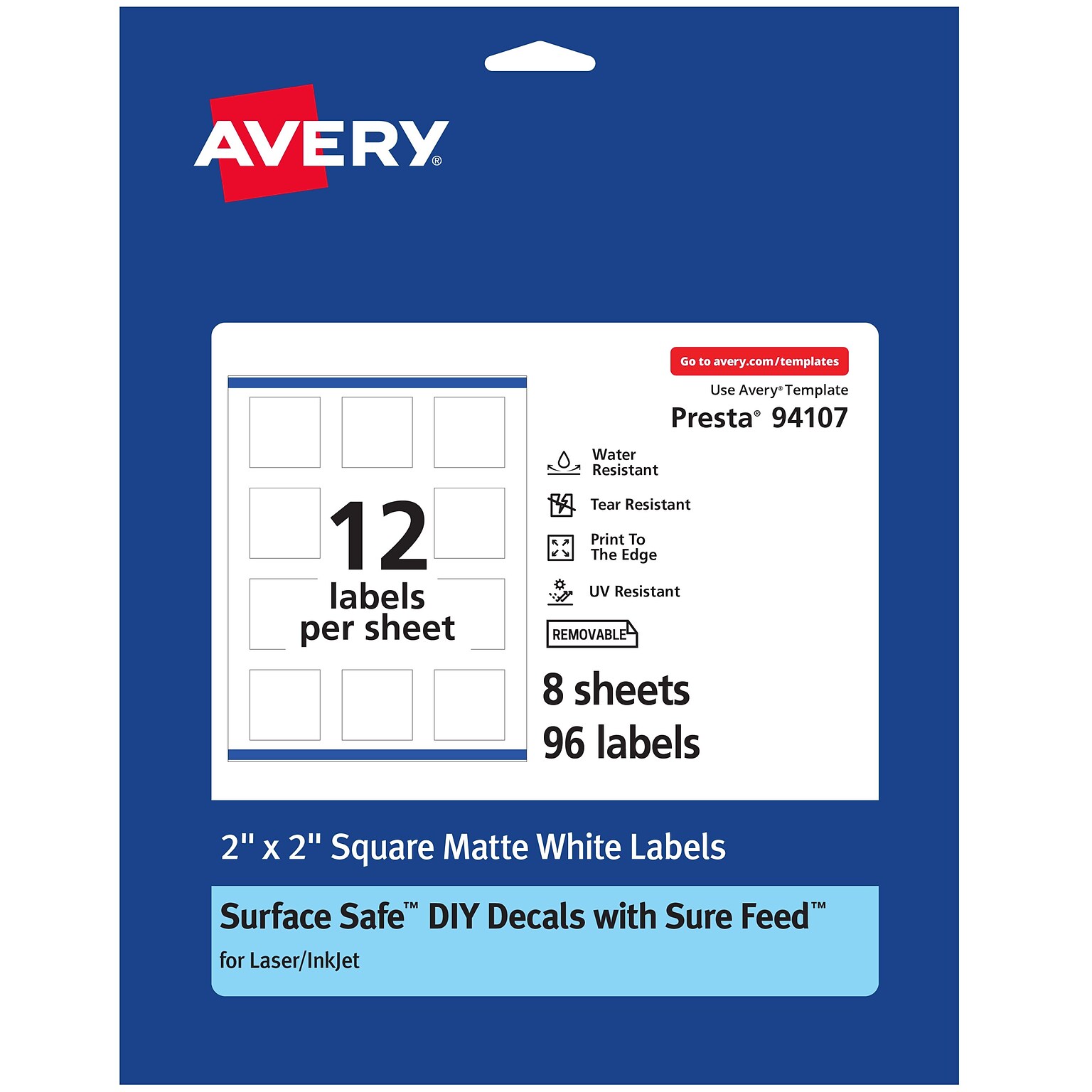 Avery Laser/Inkjet Square Multipurpose Labels, 2 x 2, White, 96 Labels/Pack (94107)