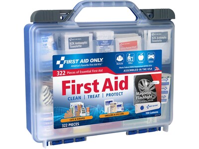 First Aid Only Plastic First Aid Kit with Magnetic Flashlight, 50 People, 322 Pieces, Clear/Blue (91414)