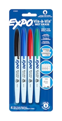 Expo Vis-à-Vis Wet Erase Markers, Fine Tip, Assorted Colors, 4/Pack (16074/2134341)