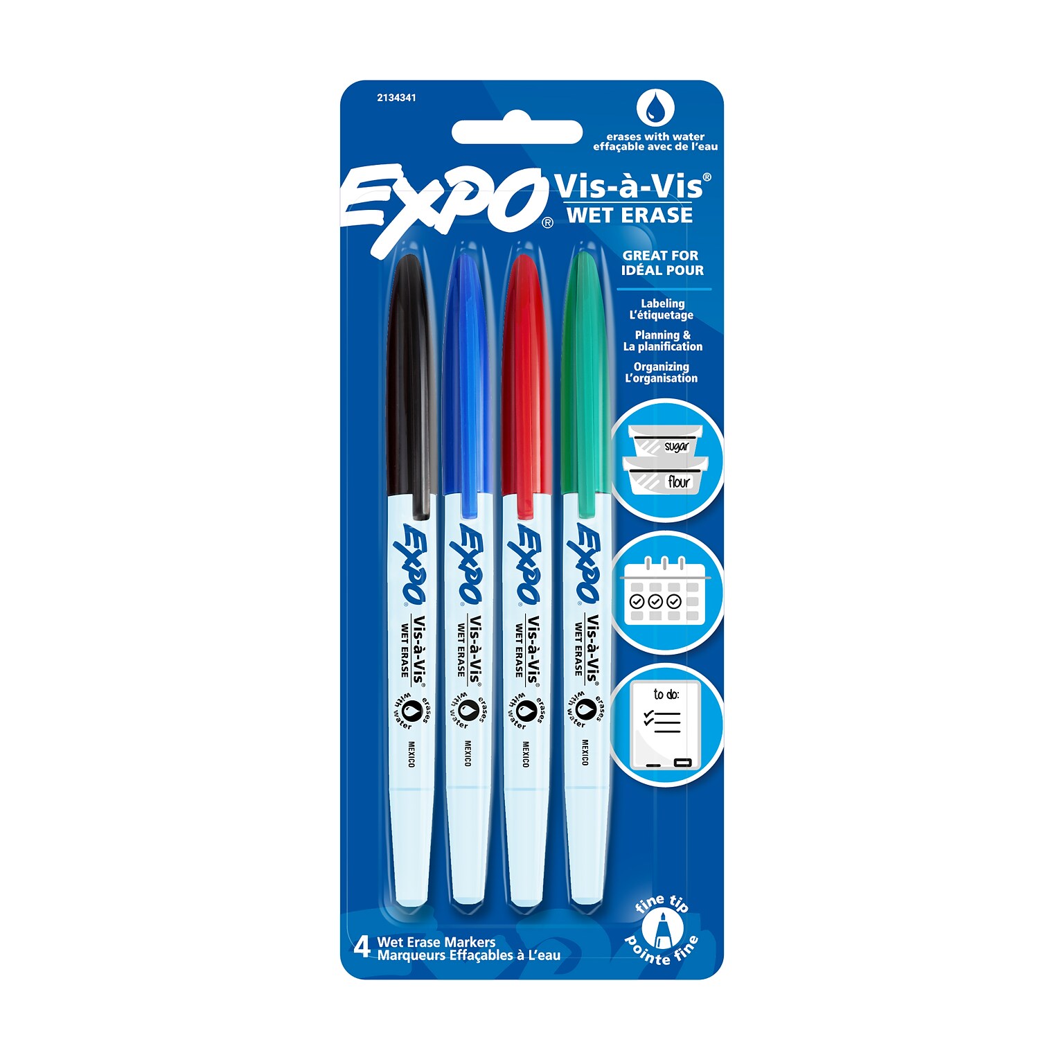 Expo Vis-à-Vis Wet Erase Markers, Fine Tip, Assorted Colors, 4/Pack (16074/2134341)