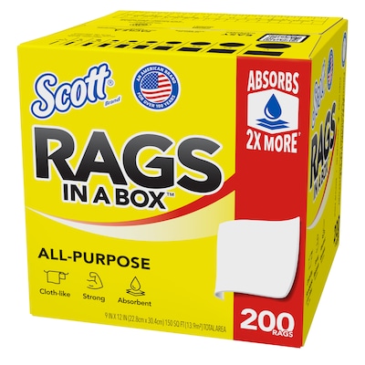 Scott Rags In a Box Cleaning Rags, White, 200 Rags/Box (72560)