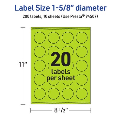 Avery Circle Multipurpose Labels, 1-5/8" Dia., Bright Green, 200/Pack (94507)