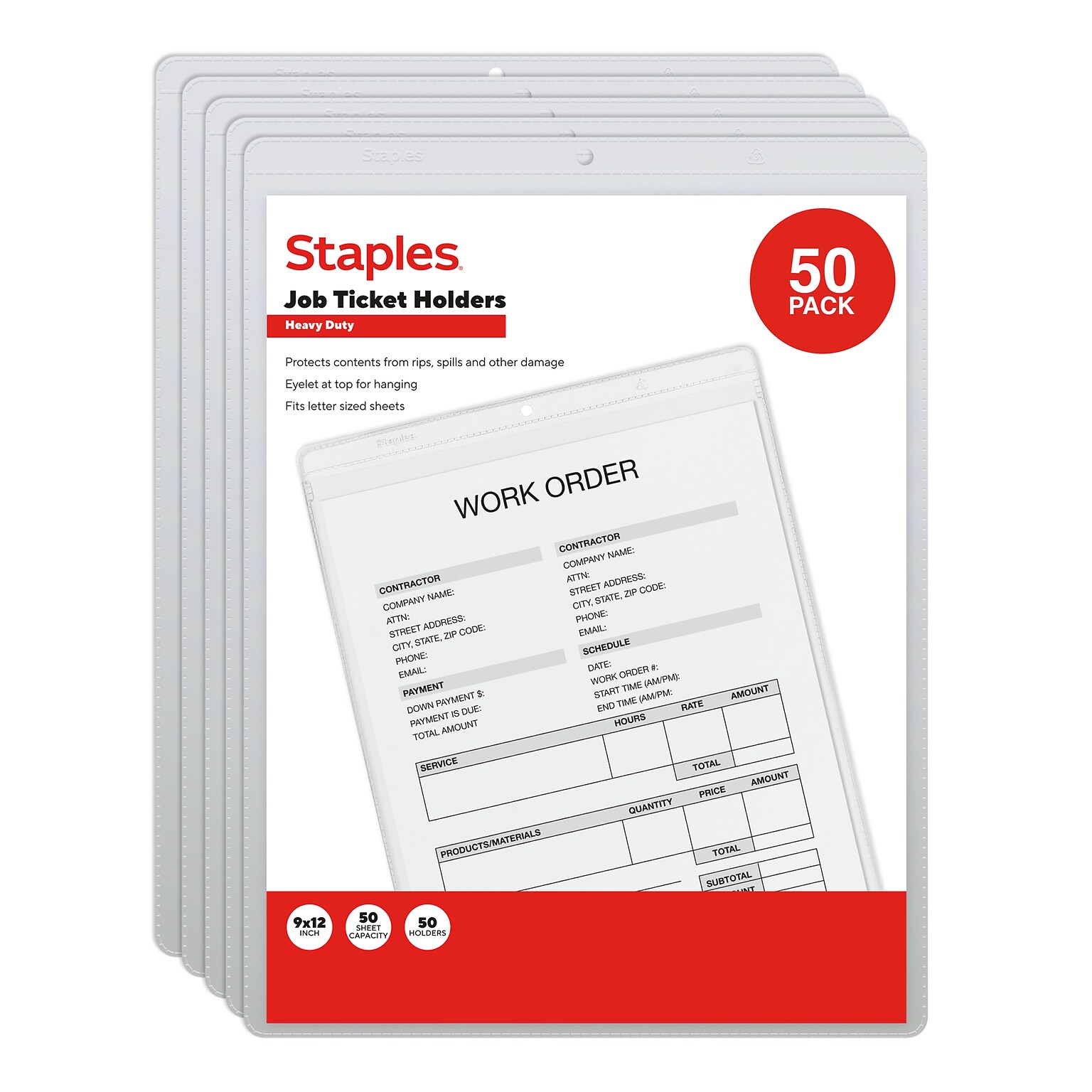Staples Heavyweight Sealed Job Ticket Holder, 9 x 12, Clear, 50/Pack (ST63085)