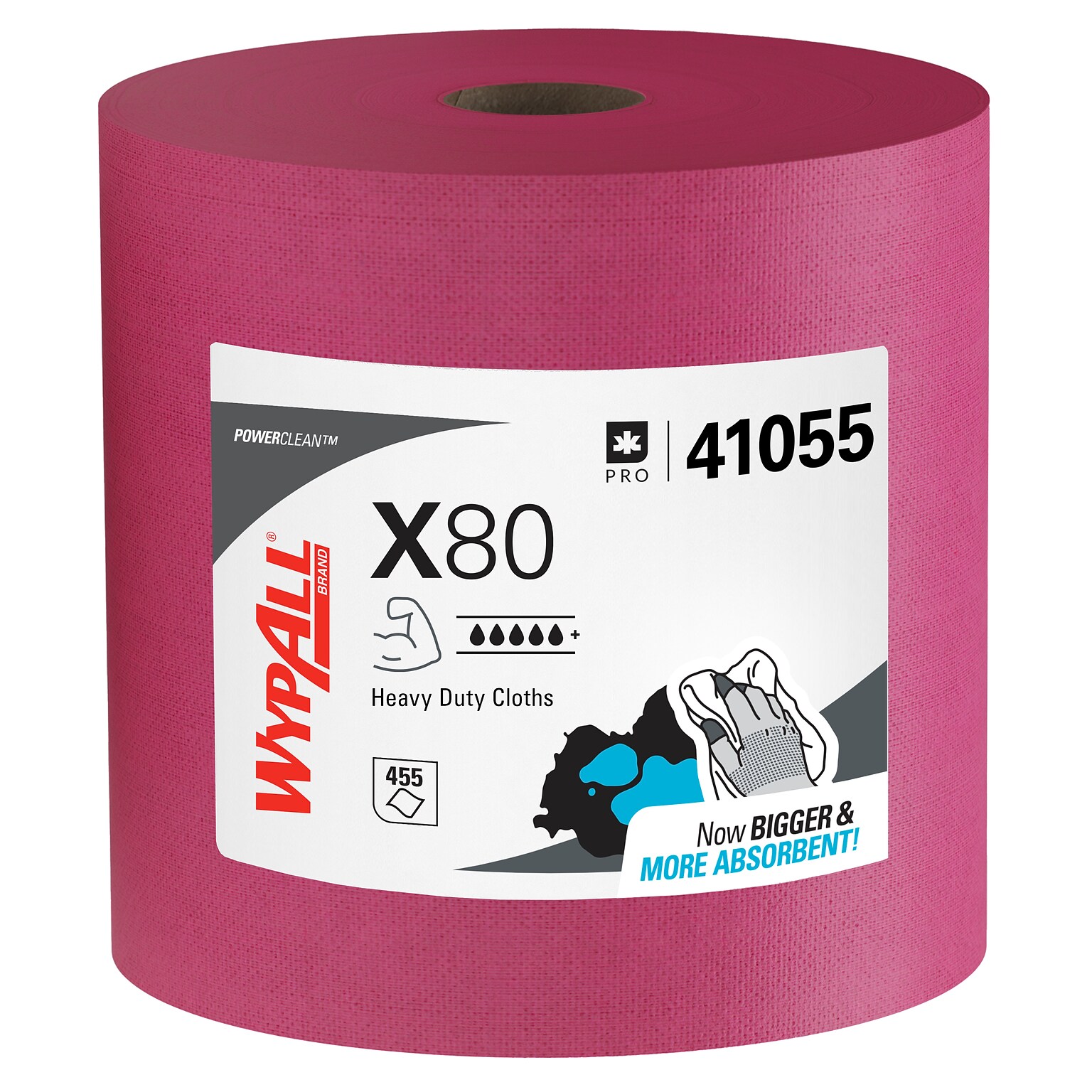 WypAll PowerClean X80 Cloth Cleaning Wipers, 16.8 x 12.5, Red, 455 Sheets/Roll (41055)