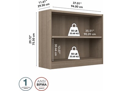 Bush Furniture Universal 30"H 2-Shelf Bookcase with Adjustable Shelf, Ash Gray Laminated Wood (WL12426)