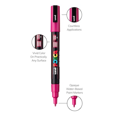 POSCA PC-3M Water Based Paint Marker, Fine Bullet Tip, Fuchsia, 3/PK (UBCPC3MFUCHSIA-3)