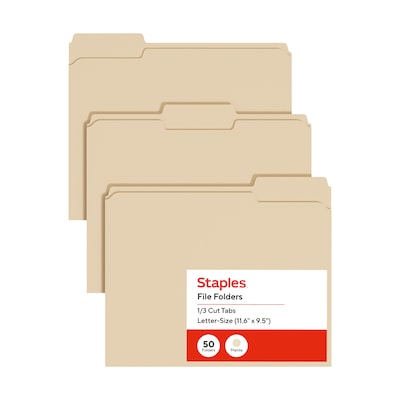 Staples File Folders, Letter Size, 1/3-Cut Tabs, Assorted Positions, Manila, Durable Paper Stock, 50/Pack
