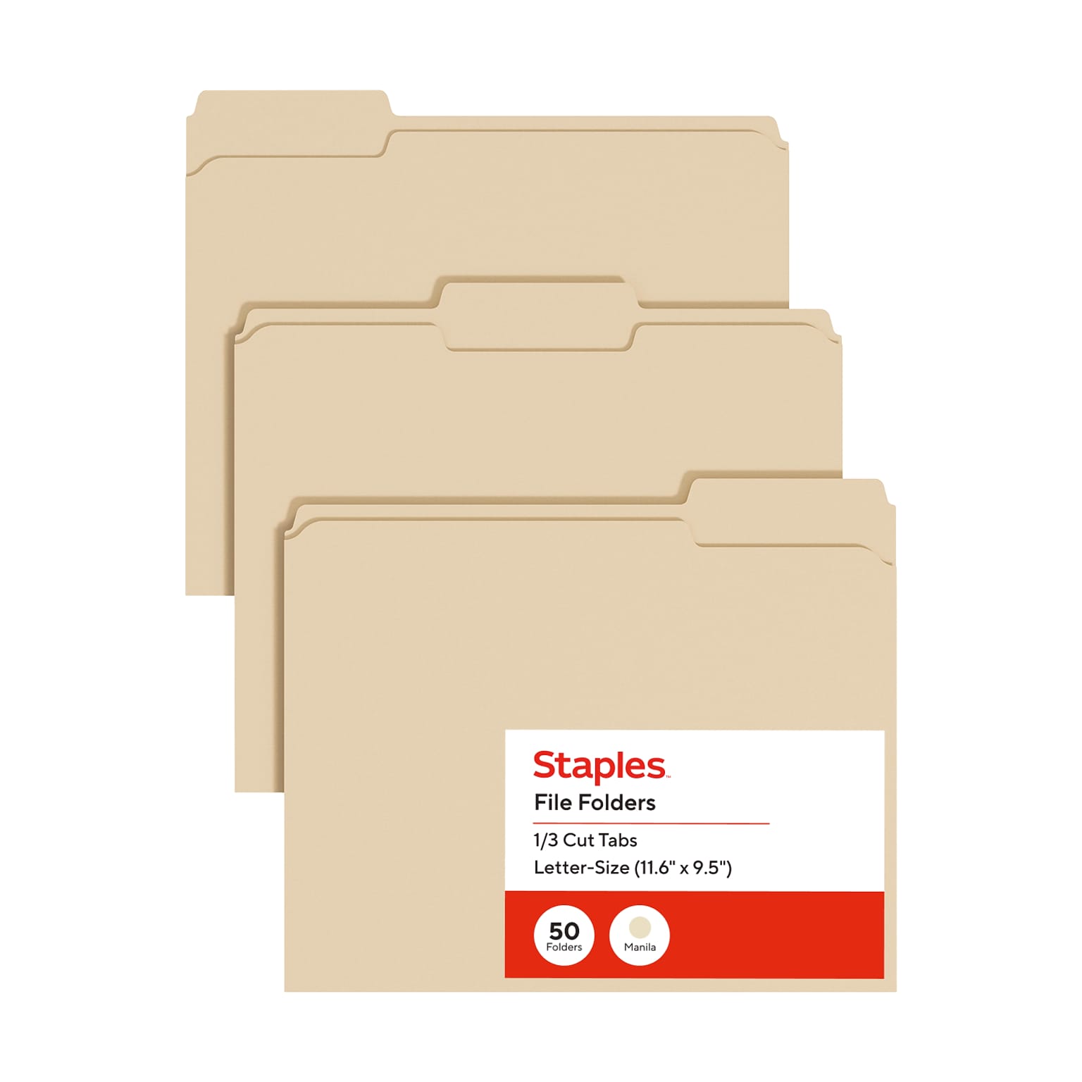 Staples File Folders, Letter Size, 1/3-Cut Tabs, Assorted Positions, Manila, Durable Paper Stock, 50/Pack