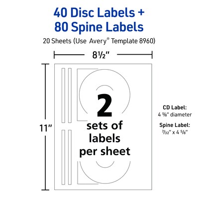 Avery Inkjet Full Face CD Labels, Matte White, 2 Labels/Sheet, 20 Sheets/Pack, 40 Labels/Pack (8960)