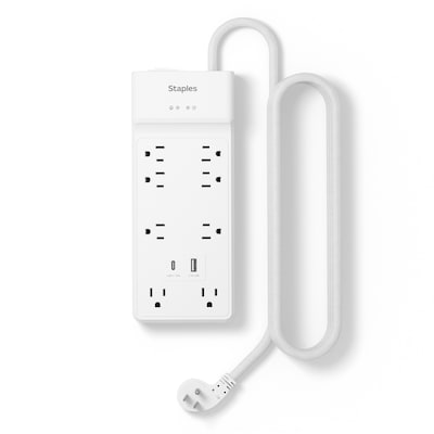Staples TECH 8-Outlet 2-USB Port Surge Protector, 6, 2100 Joules, White (ST62775)