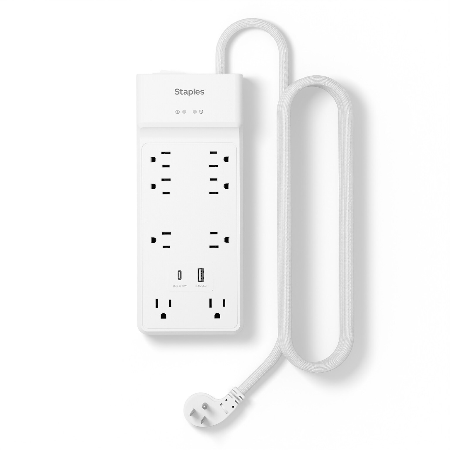 Staples TECH 8-Outlet 2-USB Port Surge Protector, 6, 2100 Joules, White (ST62775)