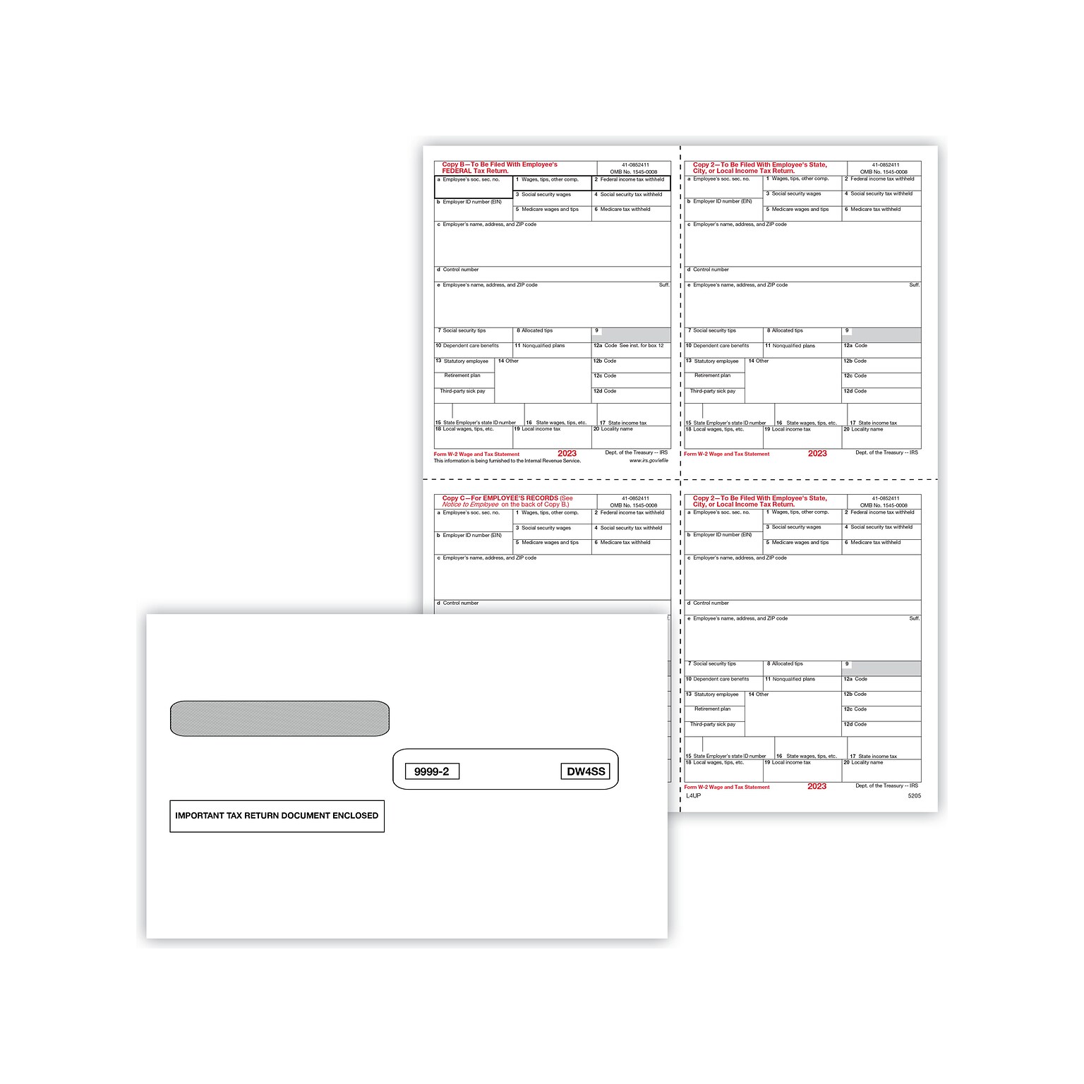 ComplyRight W-2 Tax Form Set with Envelopes/Recipient Copy Only, 4-Up (Box), 50/Pack (5205E)
