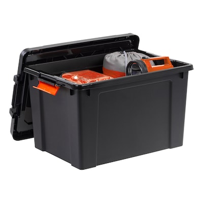Iris Heavy Duty 78 Qt. Stackable Storage Bin with Latching Lid, Plastic, Black/Orange, 4/Pack (500154)