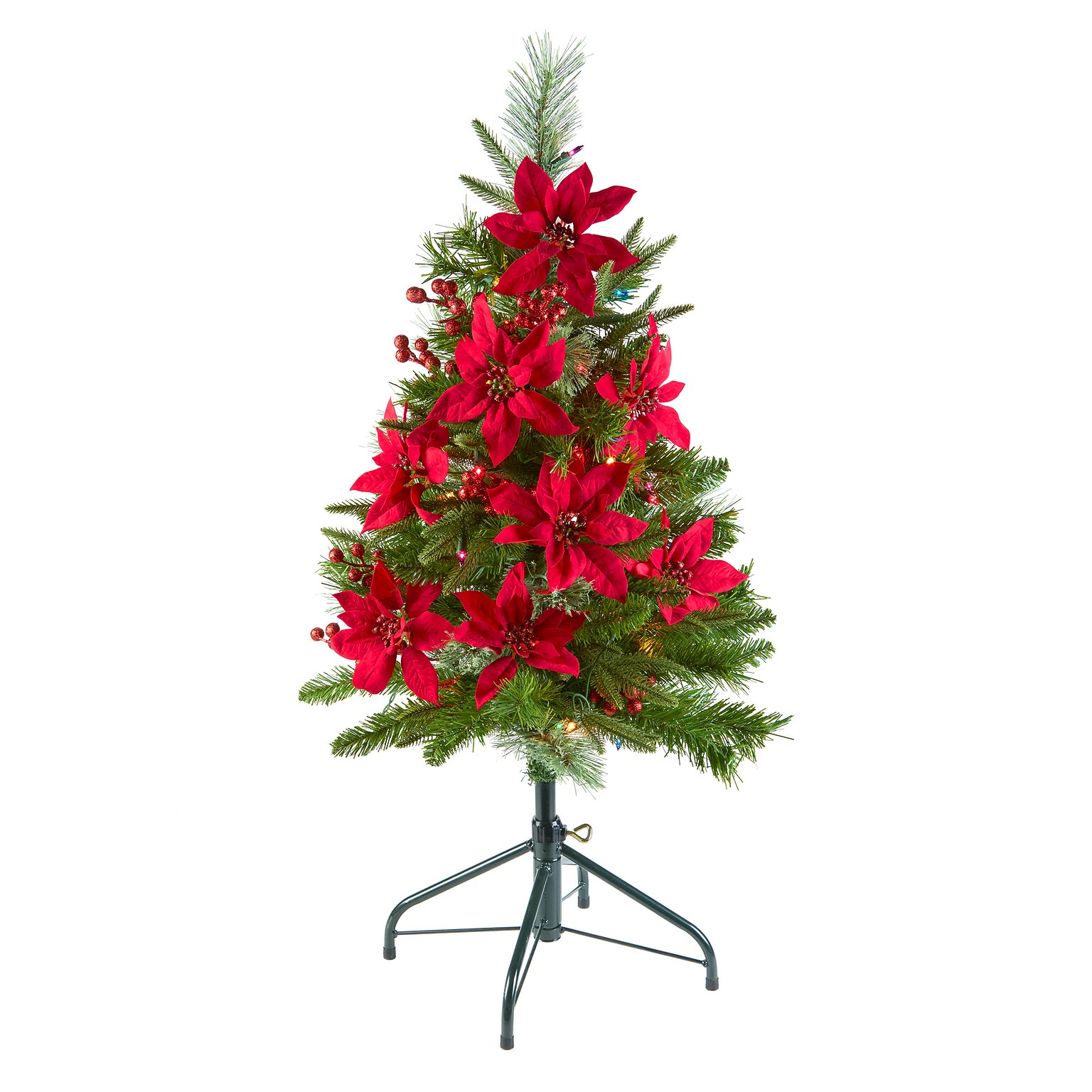 3 Feel RealÂ® Colonial Pencil Slim Hinged Tree with Red Poinsettias, Red Berries & 50 Multi Lights