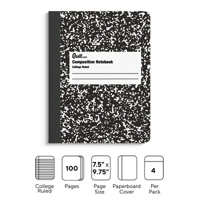 Quill Brand® Composition Notebook, 7.5" x 9.75", College Ruled, 100 Sheets, Black/White, 4/Pack (TR58371)