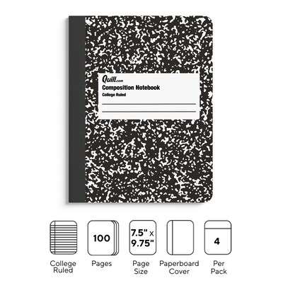 Quill Brand® Composition Notebook, 7.5 x 9.75, College Ruled, 100 Sheets, Black/White, 4/Pack (TR5