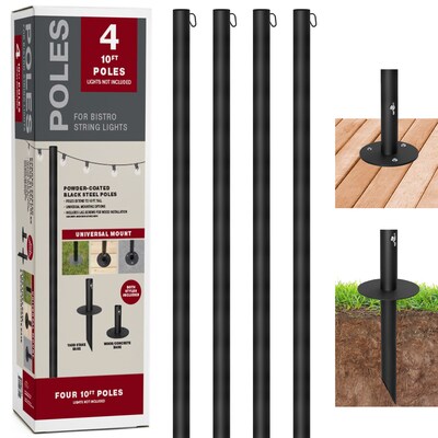 Excello Global Products Bistro Pole for String Lights, Black, 4/Pack (EGP-HD-0361)