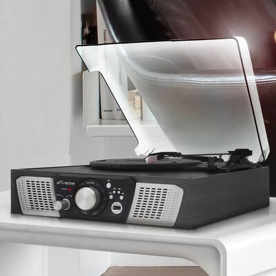 Victor Lakeshore Dual-Bluetooth Belt-Drive Retro 5-in-1 Turntable System, Black (VHRP-1100-BK)