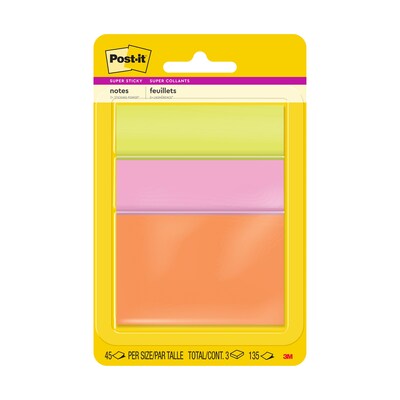 Post-it Super Sticky Notes, Energy Boost Collection, 45 Sheet/Pad, 3 Pads/Pack (3432-SSAU)