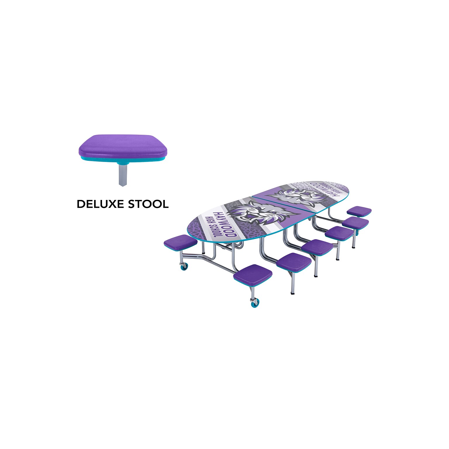 AmTab Elliptical Mobile Cafeteria Table w/ 12 Stools, 35 x 121, Assorted Colors (MSE1012)