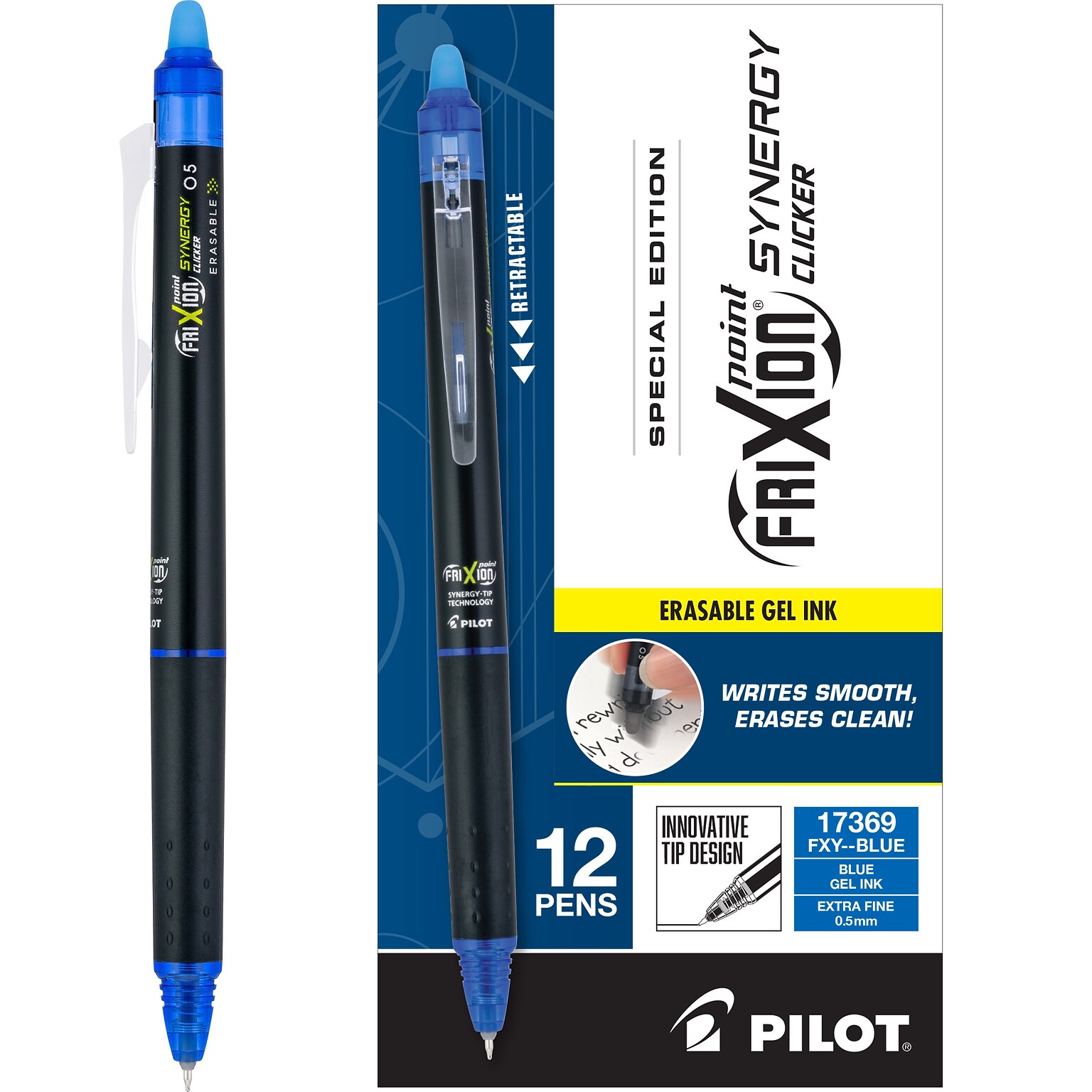 Pilot FriXion Synergy Clicker Erasable Gel Pen, Extra Fine Point, 0.5mm, Blue Ink, Dozen (17369)
