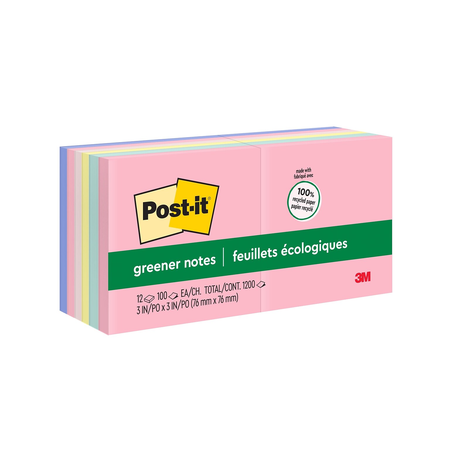 Post-it Recycled Notes, 3 x 3, Sweet Sprinkles Collection, 100 Sheet/Pad, 12 Pads/Pack (654-RP-A/654-A)