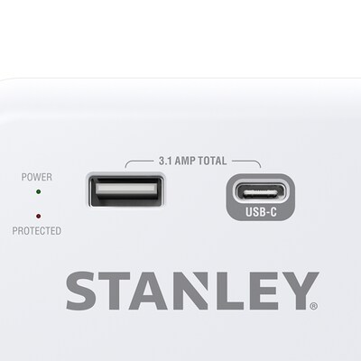 STANLEY SurgePro 1200 6-Outlet Extreme Surge Protector Wall Tap with Phone Shelf & 2-USB Ports, 1200 Joules, White (30426)