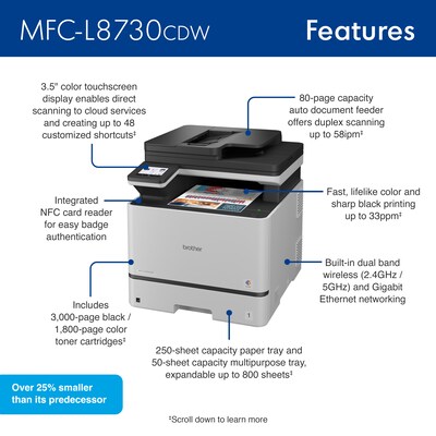 Brother MFC-L8730CDW Wireless Color All-In-One Laser Printer, Best for Business Office