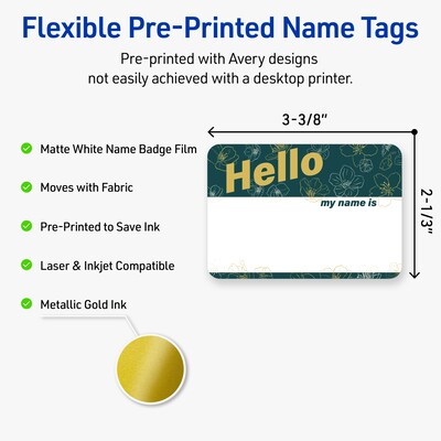 Avery Adhesive Name Tags, Pre-printed Teal & Gold Hello Design